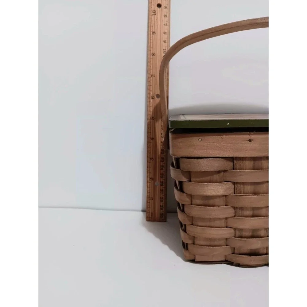 Basket /w Handle Wicker AUTUMN BLESSINGS Brown Green Lid Country Farmhouse Decor